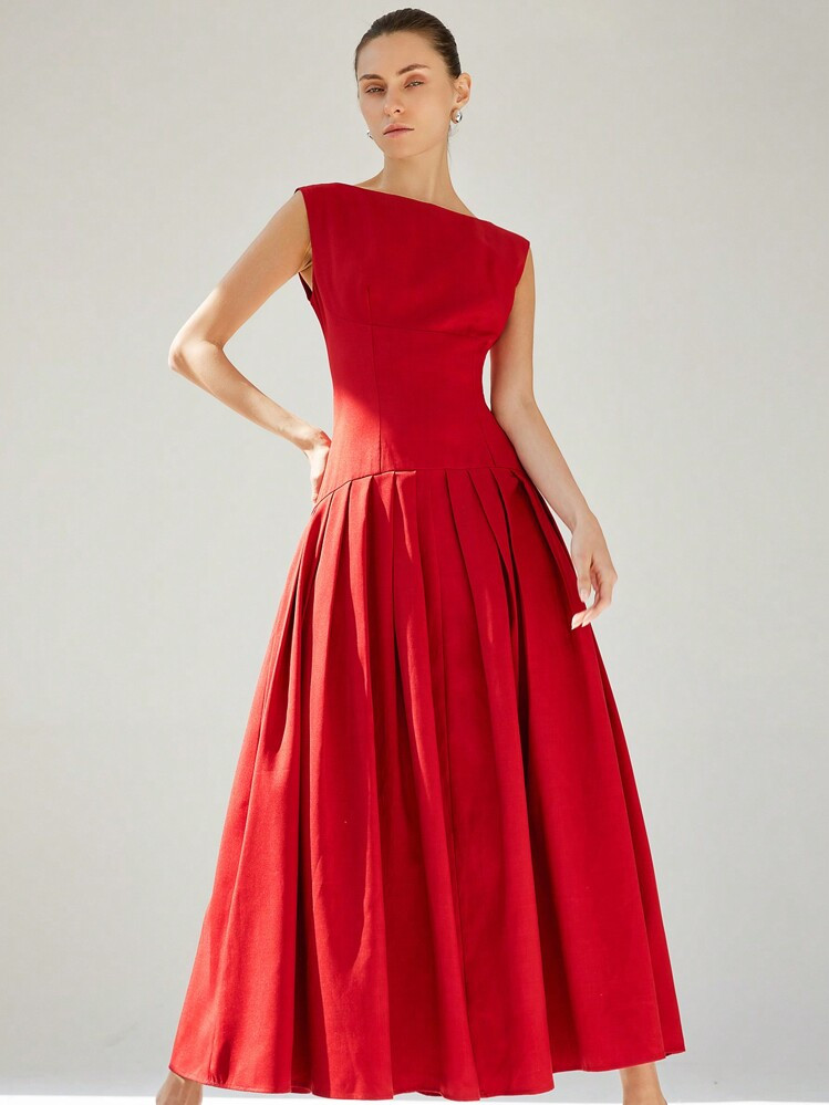 Aveloria Modichic Elegant Commuting Sleeveless Sexy Cinched Waist Low Waist Pleated Ruffle Hem Long Red Valentine's Day Dress For Women | SHEIN