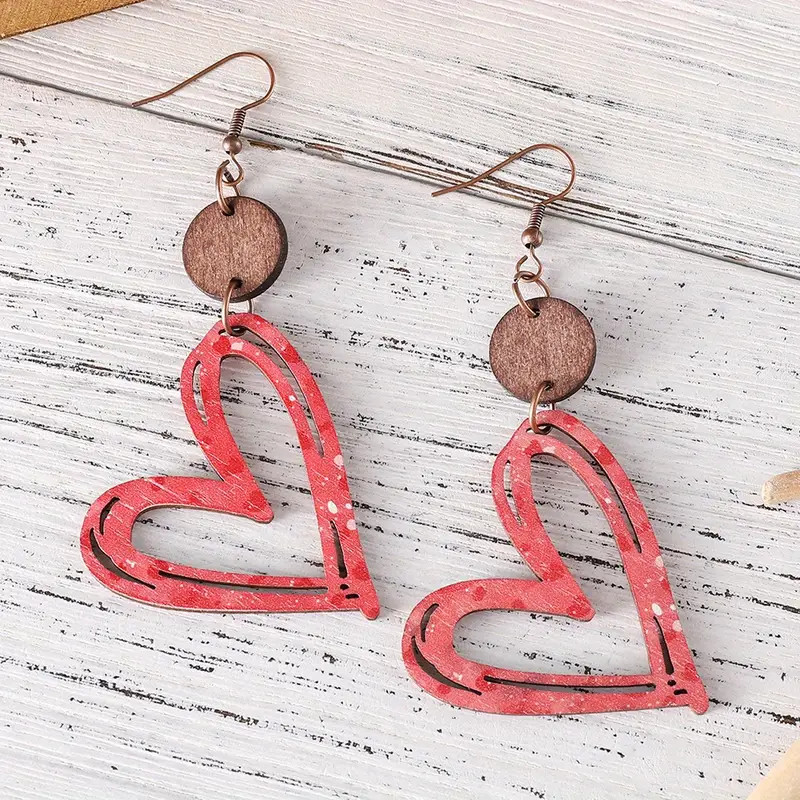 Hollow Heart Design Dangle Earrings Retro Simple Style Wooden Jewelry Valentine's Day Gift For Lo... | Temu Affiliate Program