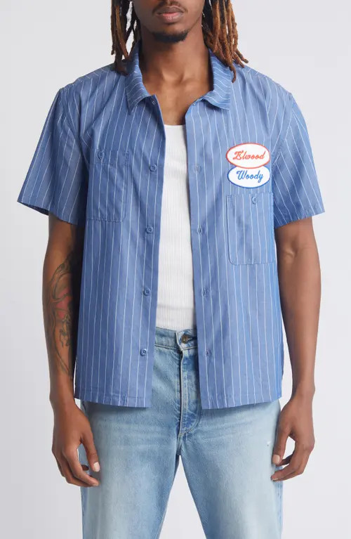 Elwood Pinstripe Short Sleeve Button-Up Work Shirt in Cobalt at Nordstrom, Size Large | Nordstrom