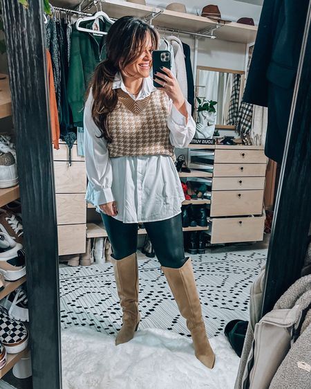 Amazon fashion midsize outfit 
Sweater vest size medium runs oversized 
White button down corset dress xl
Spanx faux leather leggings 1x (code: TARYNTRULYXSPANX) 
Wide calf boots on sale 

#LTKCyberweek #LTKSeasonal #LTKcurves