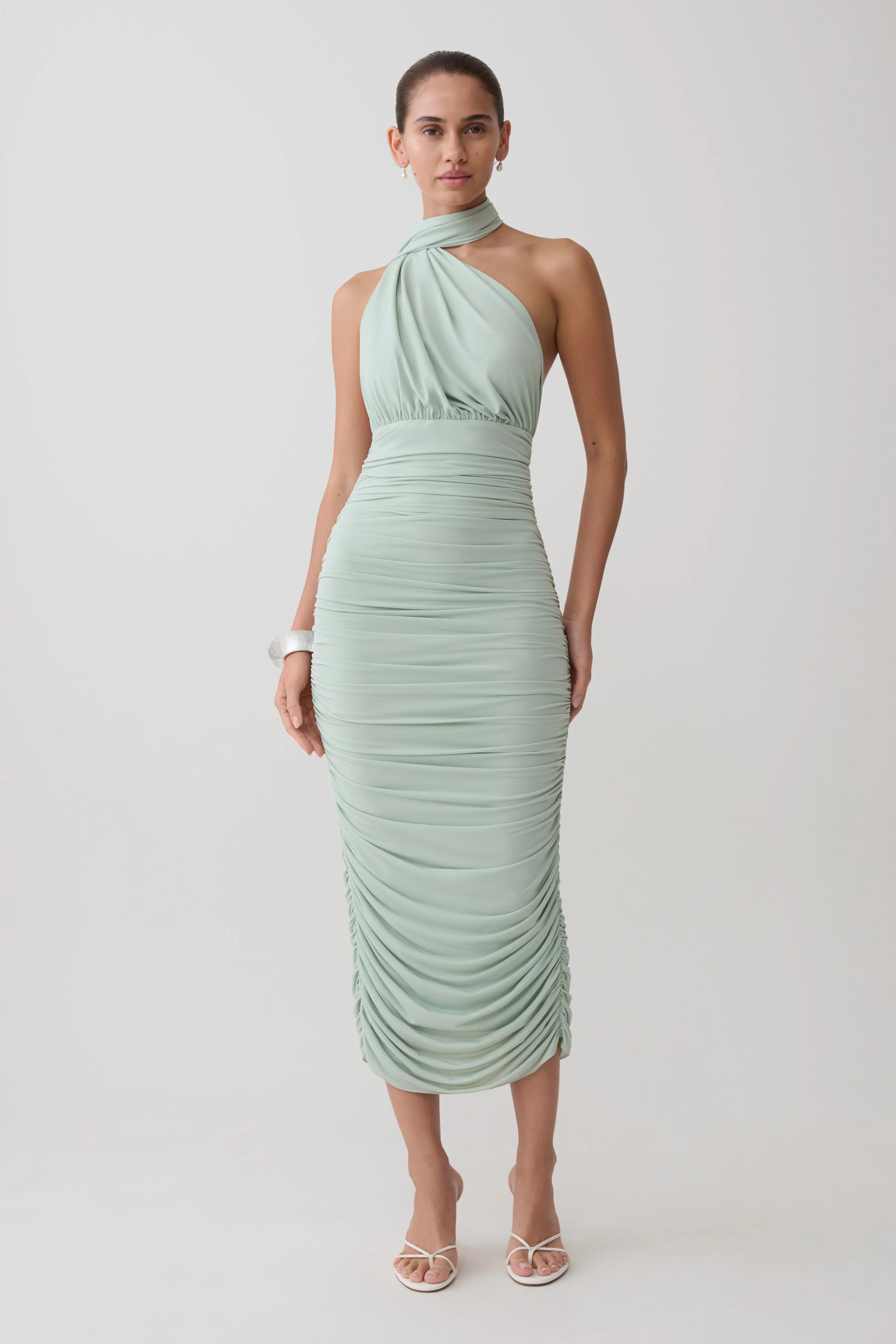 Giannie Draped Midi Dress - Aqua Grey | MESHKI US