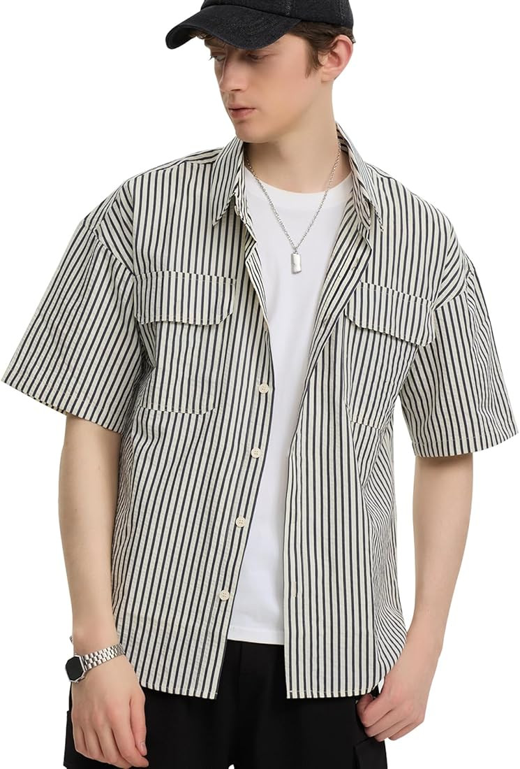Mens Short Sleeve Striped Shirt Button Down Shirts Summer Casual Shirts Lightweight Streewear wit... | Amazon (US)