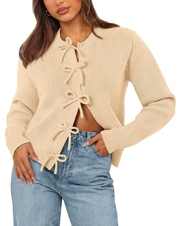 BTFBM Cardigan Sweaters for Women Trendy 2024 Fall Open Front Long Sleeve Button Down Bow Knot Cr... | Amazon (US)