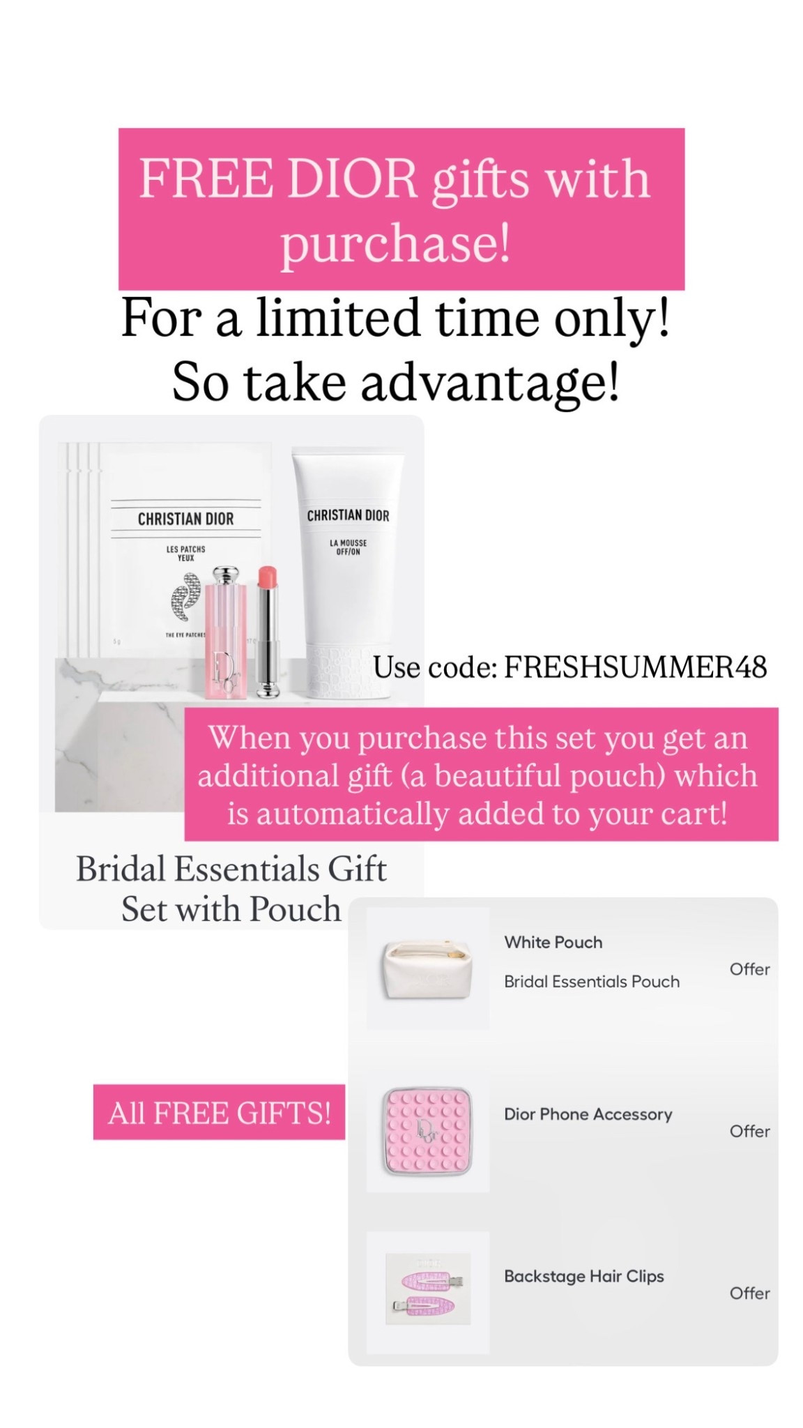 Dior beauty brought back the gorgeous Dior hair clips and phone accessory for a limited time! Use code: FRESHSUMMER48 at checkout! Plus you get a beautiful white pouch automatically added to your cart when you purchase this bridal essentials set! Take advantage of this promo before it’s gone! 

#LTKBeauty #LTKSeasonal #LTKItBag