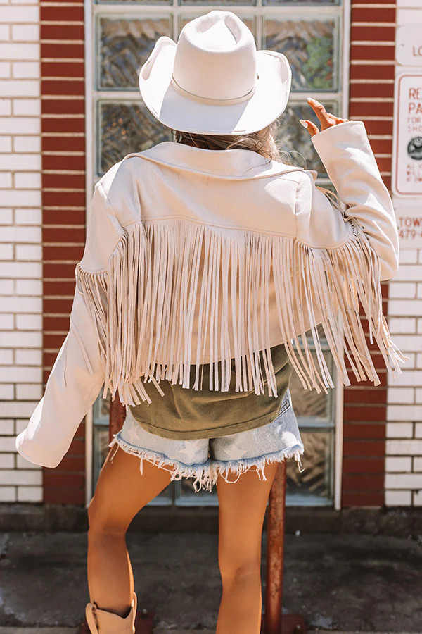 Feeling Grand Faux Suede Fringe Jacket In Stone | Impressions Online Boutique