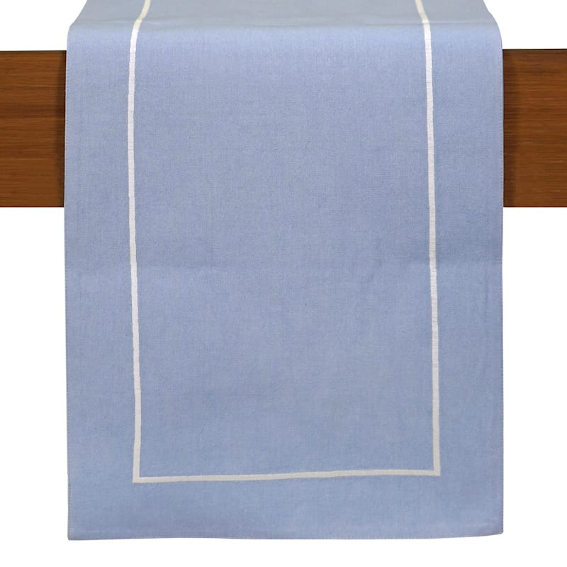 Blue Chambray Table Runner with White Embroidered Border, 72" | At Home