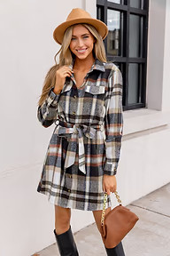 Plaid Collared Long Sleeve Front Button Mini Shirt Dress | Cupshe US