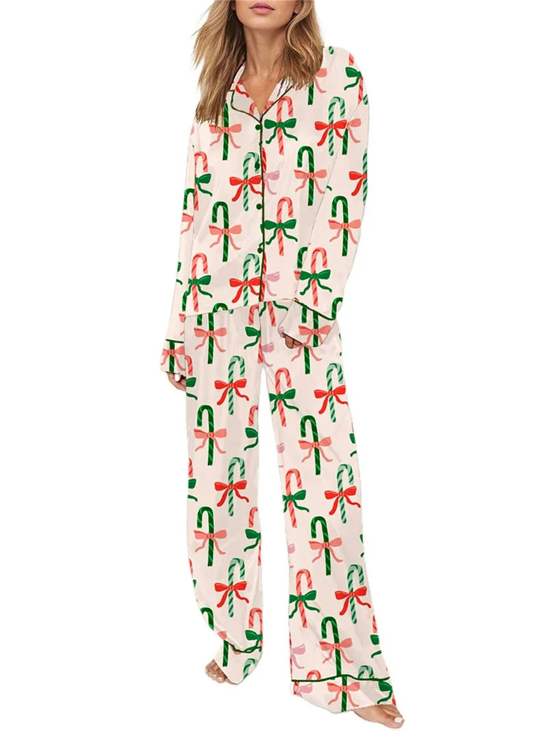 Rdhnmea Women Christmas Pajamas Set 2 Pieces Loungewear Suits Bow/Santa/Tree Print Long Sleeve Sh... | Walmart (US)