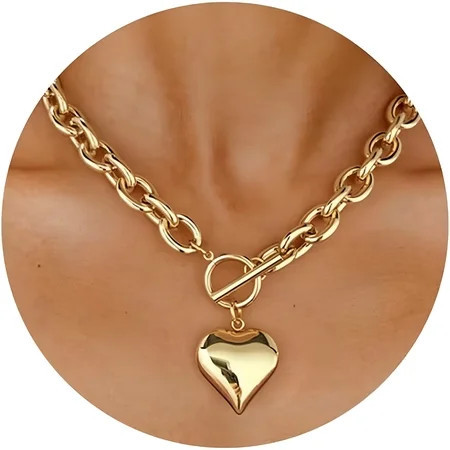DESIGNICE S Gold Chunky Chain Necklace for Women Puffy Heart Pendant Necklace White Gold Thick Chunky Chain Link Necklaces Heart Coin Choker Necklace | Walmart (US)