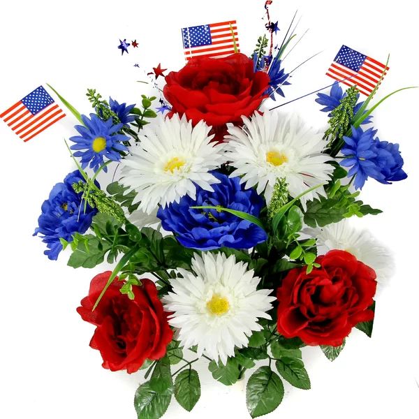 Artificial Blooming Peonies, Gerbera Daisies with Small American Flags and Fillers Bush | Wayfair North America
