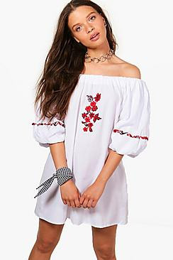 Rosie Off The Shoulder Balloon Sleeve Embroidered Dress | Boohoo.com (US & CA)