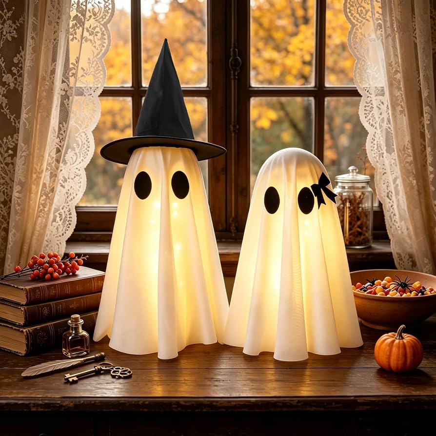Halloween Decorations Indoor,Set of 2 Light-Up Ghosts Decor with Witch Hats | Amazon (US)