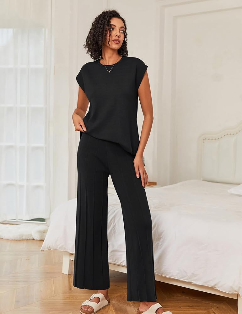 Ekouaer Lounge Sets for Women Two Piece Outfits Knit Cap Sleeve Tops Wide Leg Pleated Pants Casua... | Amazon (US)