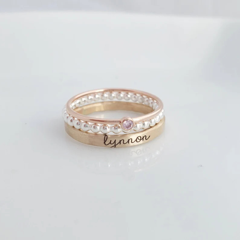 New Mom Ring Set Name and Birthstone Rings Gold Name Rings - Etsy | Etsy (US)