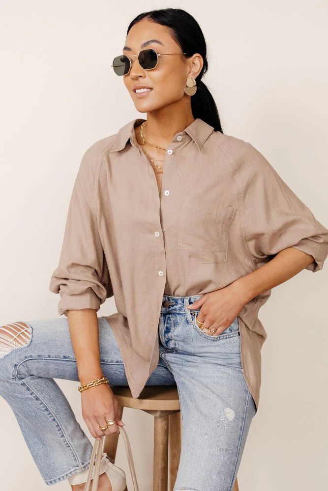 Maude Button Down Blouse in Taupe - böhme | Bohme