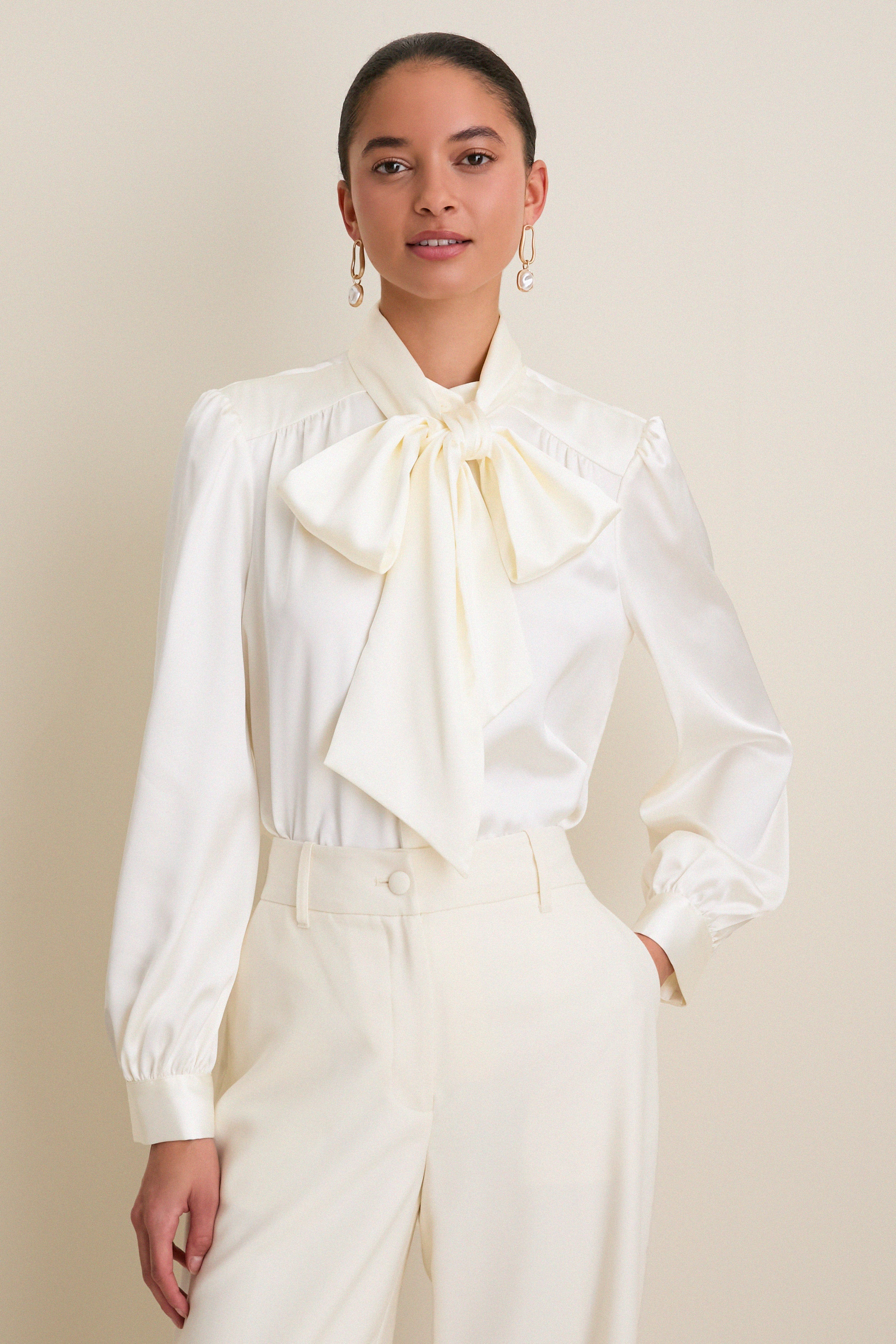 White Satin Brianna Bow Blouse | Tuckernuck (US)