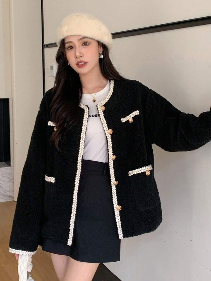 DAZY Contrast Trim Drop Shoulder Teddy Jacket | SHEIN
