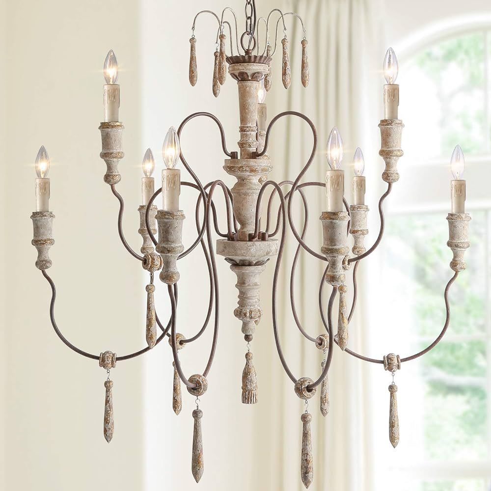 LALUZ Farmhouse Wood Chandeliers for Dining Rooms, 9-Light Distressed French Country Lighting, D3... | Amazon (US)