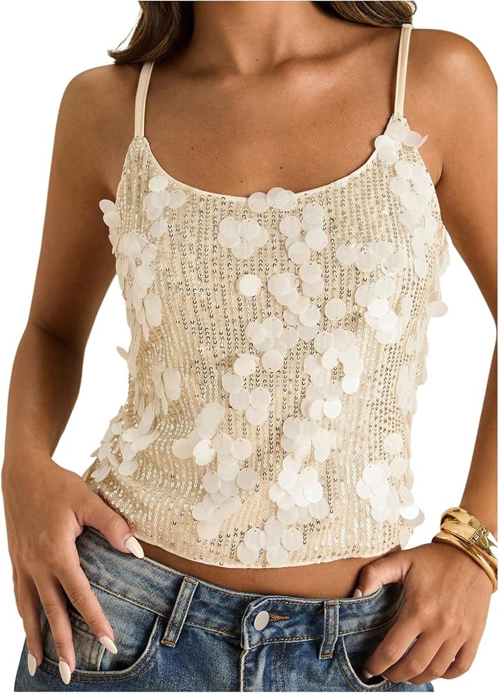 Milumia Women's Sequin Scoop Neck Cami Top Sexy Spaghetti Strap Backless Party Club Tops | Amazon (US)