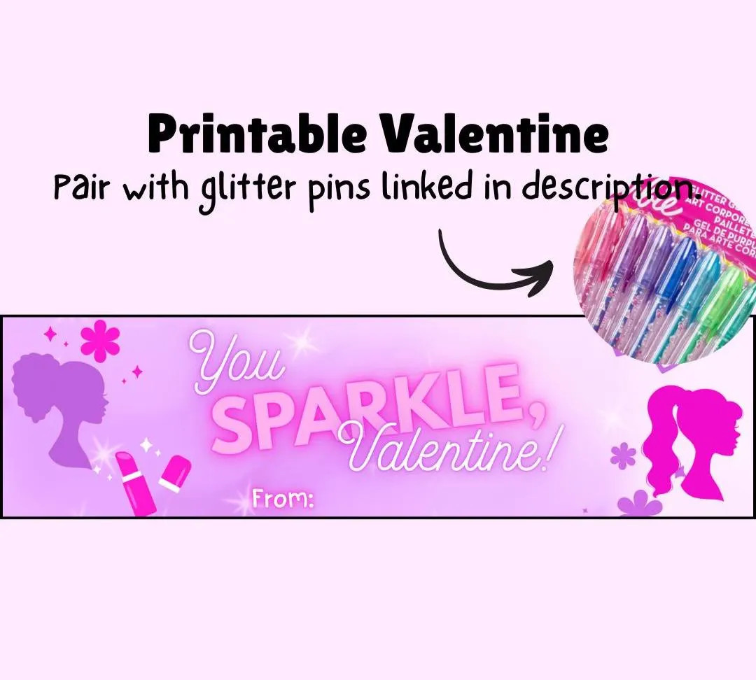 Printable Valentines Pen Holder - Barbie Inspired, Girls Valentine Cards, Class Valentine Cards -... | Etsy (US)