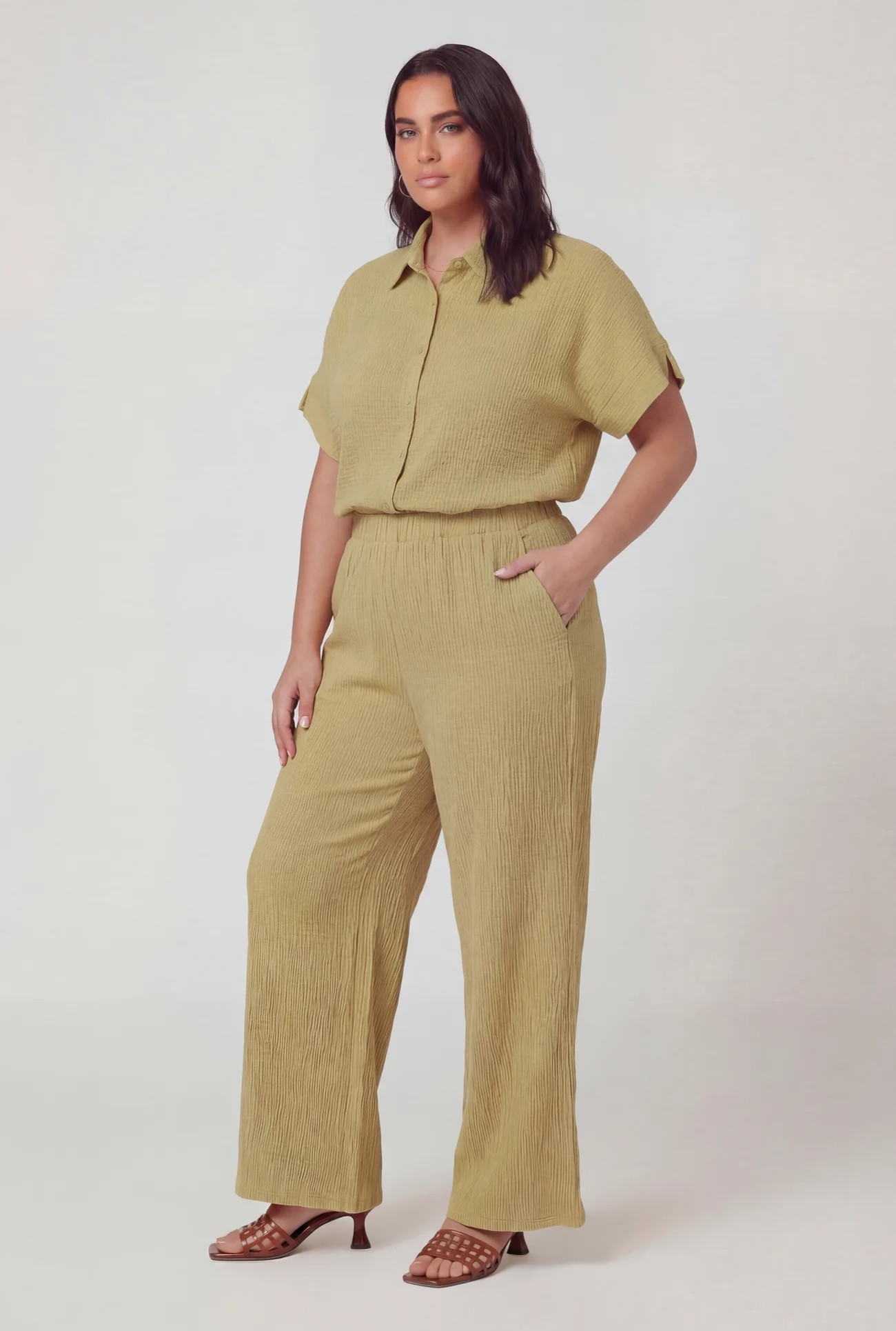 Plus Size High Waisted Seersucker Wide Leg Pants | Rainbow Shops