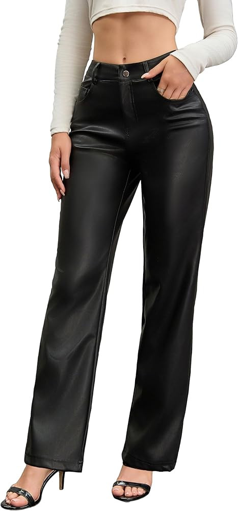 Women’s High Waist Faux Leather Pants PU Straight Leg Wide Leg Trousers with Pockets | Amazon (US)