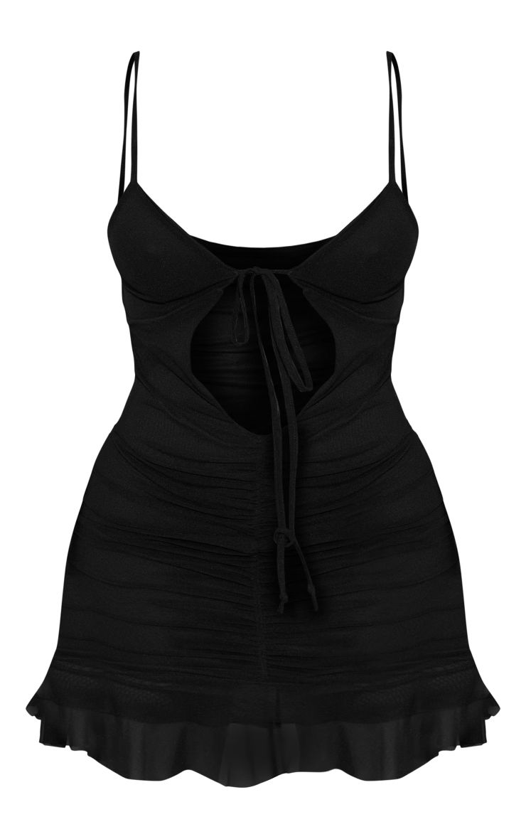 Shape Black Mesh Tie Front Frill Hem Bodycon Dress | PrettyLittleThing US