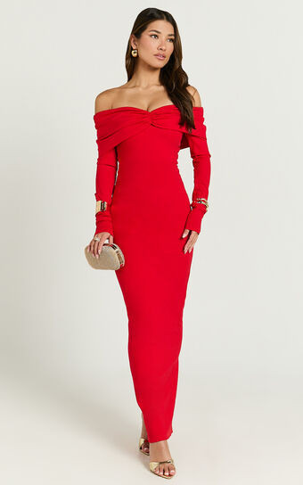 Rani Midi Dress - Off Shoulder Long Sleeve Bodycon Dress in Red | Showpo (US, UK & Europe)