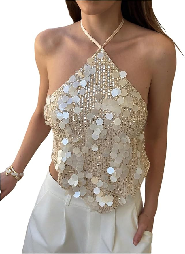 MakeMeChic Women's Sequin Halter Tops Sparkly Backless Sexy Cute Summer Camisole Top | Amazon (US)