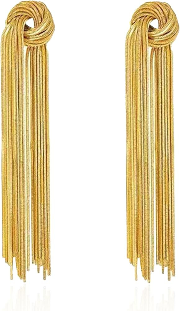 Long Tassel Dangle Stud Earrings for Women Knot Linear Fringe Chandelier Earrings Wedding Prom Pa... | Amazon (US)