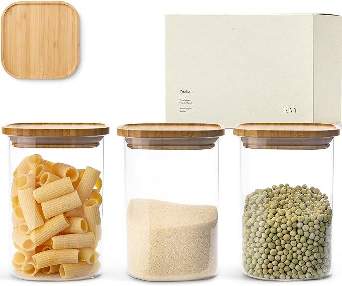 KIVY Square Glass Jars with Bamboo Lids [3x 40oz] Stackable & Airtight Glass Jars - Glass caniste... | Amazon (US)