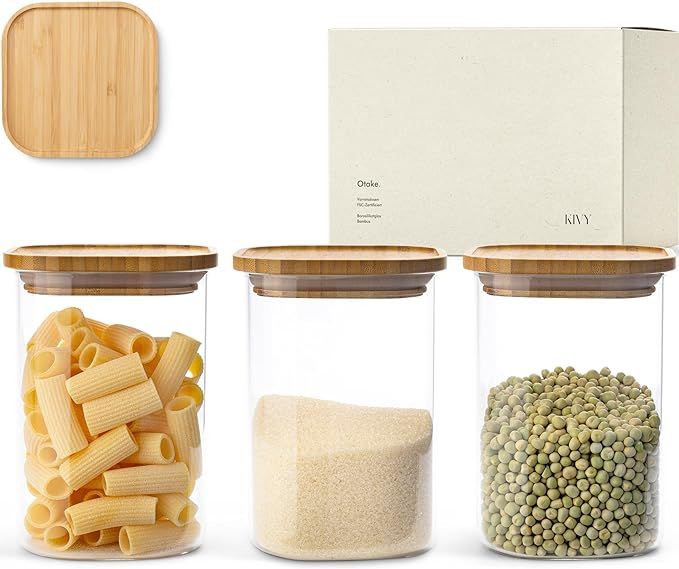 KIVY Square Glass Jars with Bamboo Lids [3x 40oz] Stackable & Airtight Glass Jars - Glass caniste... | Amazon (US)