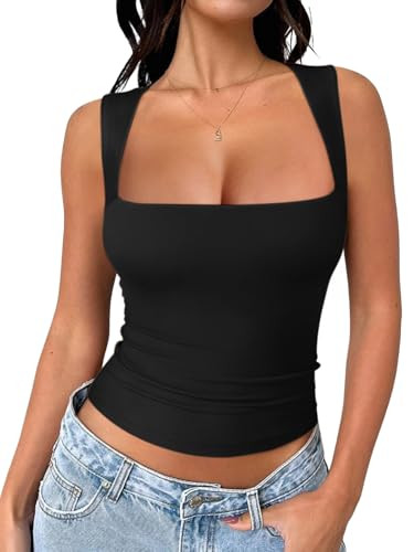 REORIA Butsmooth\u00ae Women's Square Neck Going Out Crop Tops Double Lined Cute Basic Tank Tops ... | Amazon (US)