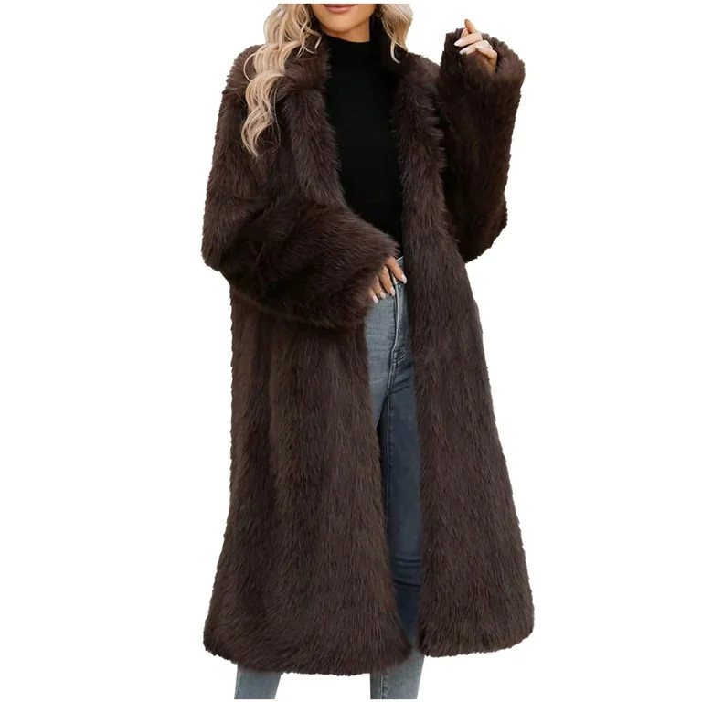 JGGSPWM Women's Fluffy Faux Furry Overcoat Parka Long Coat Jackets Outerwear Brown M | Walmart (US)