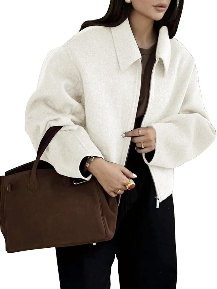 Womens Cropped Wool Jacket Plain Zipper Short Pea Coats Fall Winter Trendy Tweed Jackets 2025 | Amazon (US)