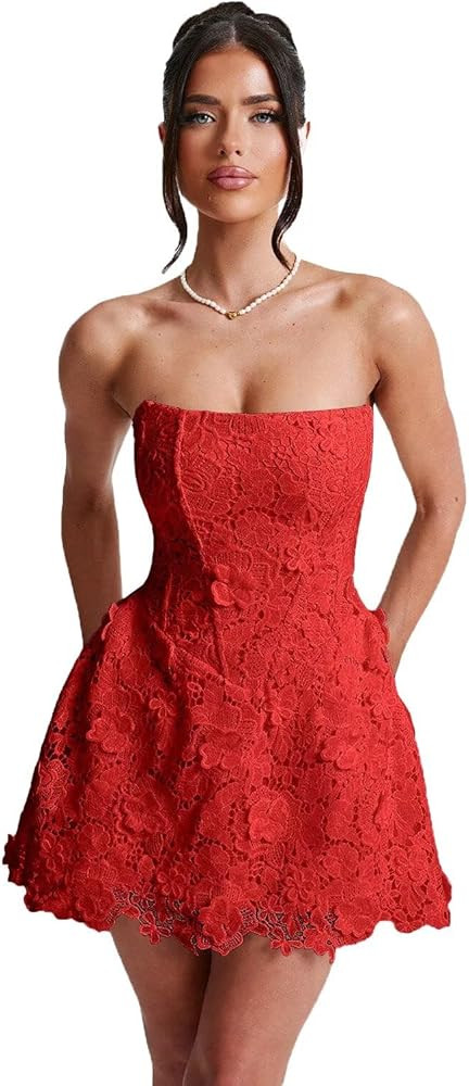 Yuxin Strapless Floral Homecoming Dresses Short 2025 Lace 3D Flower A Line DAMA Dresses for Quinc... | Amazon (US)