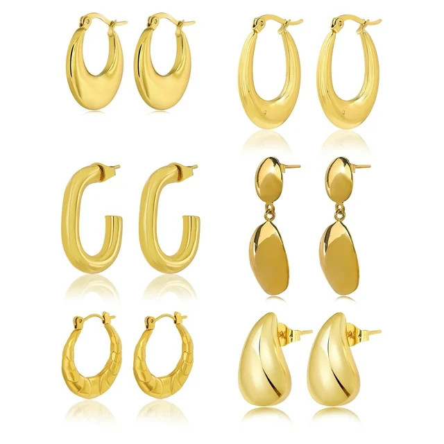JeenMata 6 Pairs Fashion MultiPack Earrings Set for Women in Yellow Gold Plating, Hoop Earrings, ... | Walmart (US)