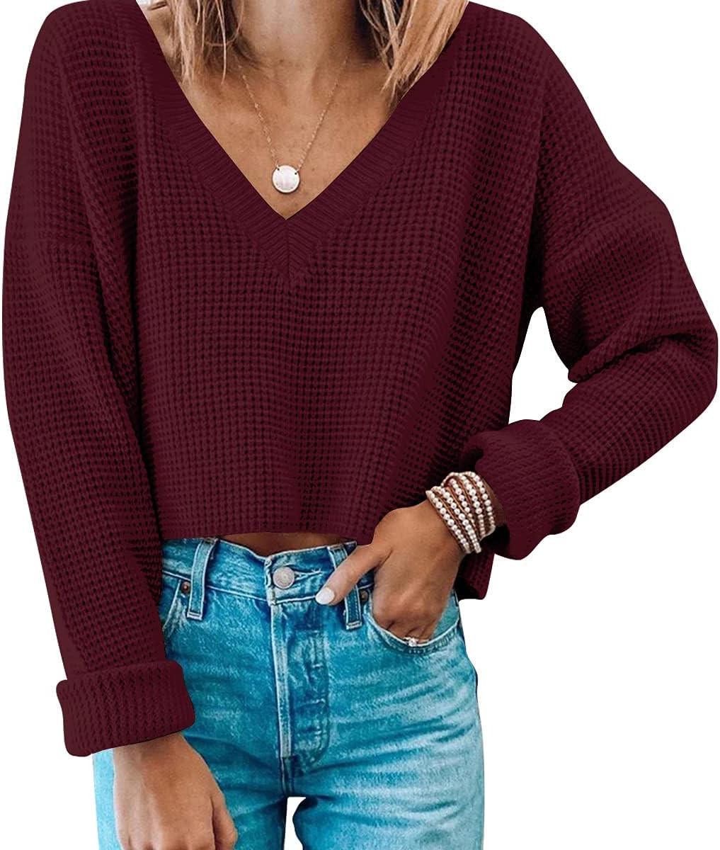 Women's Crop Sweater V Neck Long Sleeve Pullover Top Sweater | Amazon (US)