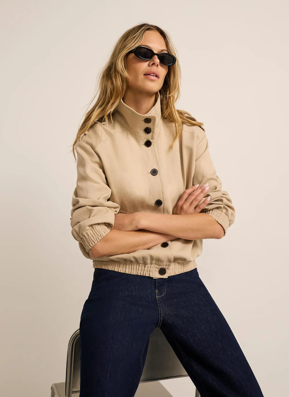 Neutral Cotton Blend Bomber Jacket | Mint Velvet