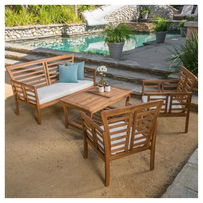 Caydon 4pc Acacia Wood Patio Chat Set with Cushions - Brown Patina - Christopher Knight Home | Target