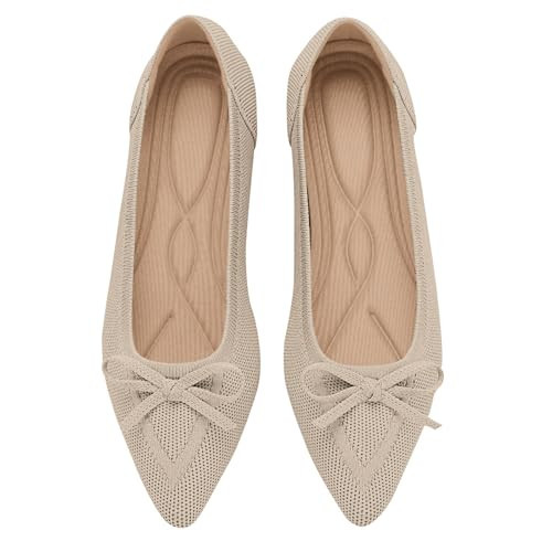 TINGRISE Women's Flats Pointed Toe Bow Knit Ballet Shoes Comfortable Dressy Mesh Slip On Flat Begie US8.5 Beige | Amazon (US)