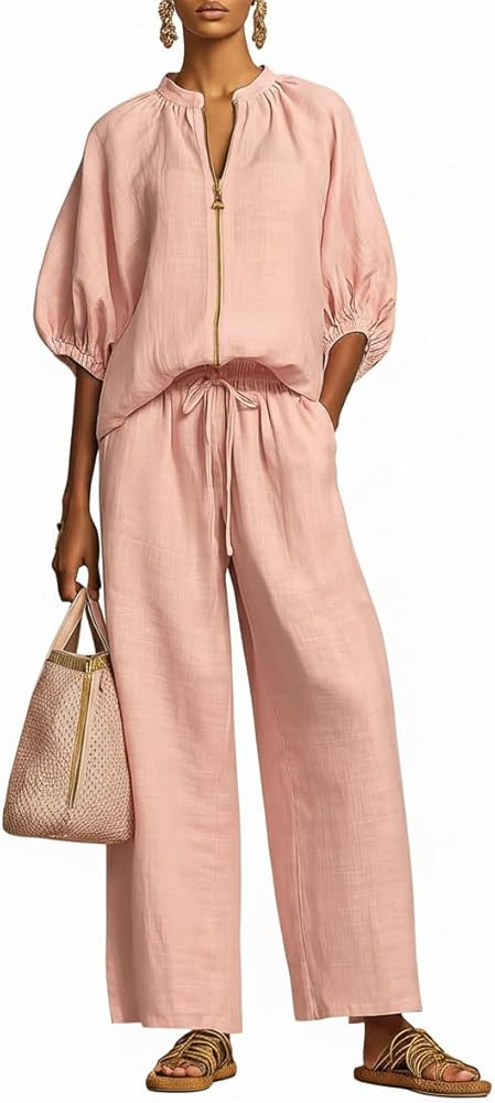 Women's Linen 2 Piece Pants Set Puff Sleeve Zip Front Top and Wide Leg Pants Casual Travel Matchi... | Amazon (US)