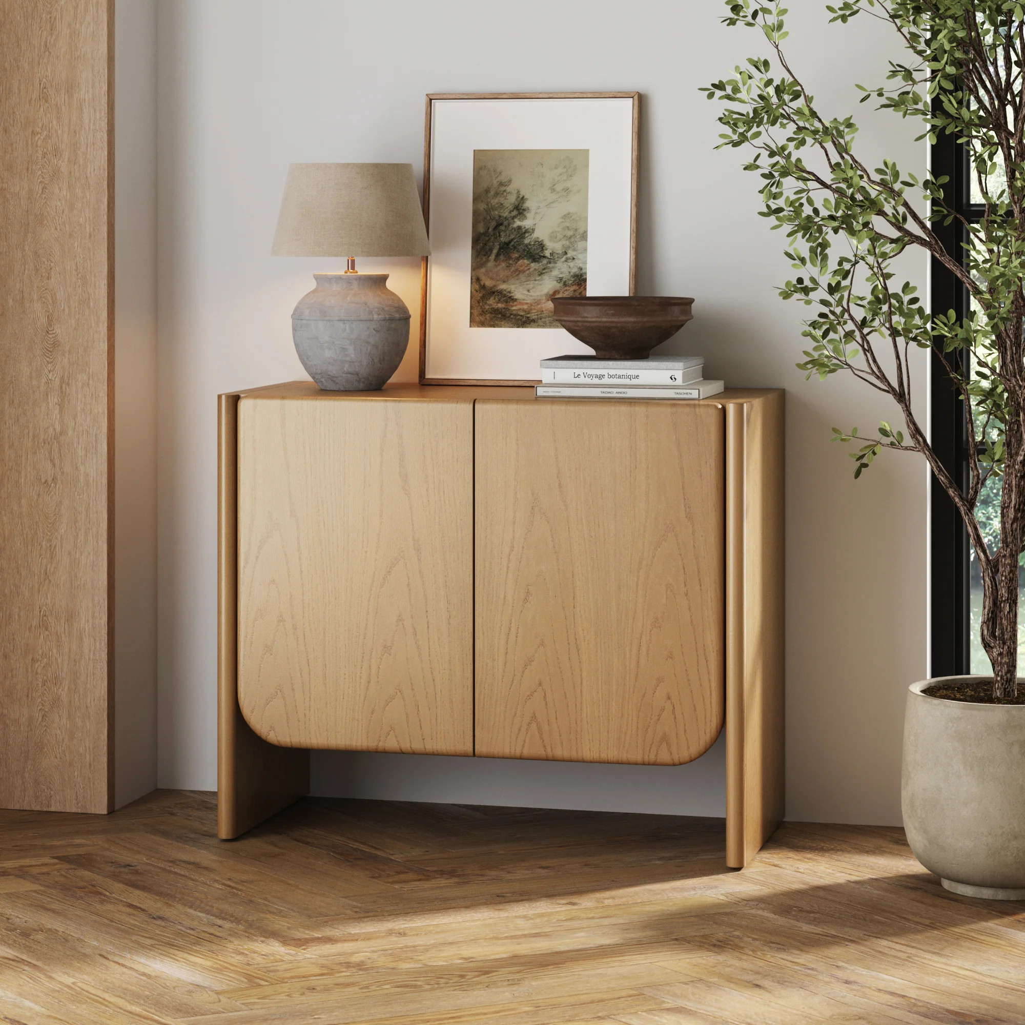 Mid Century Modern Rounded Wood Accent Cabinet Raw Oak | Nathan James
