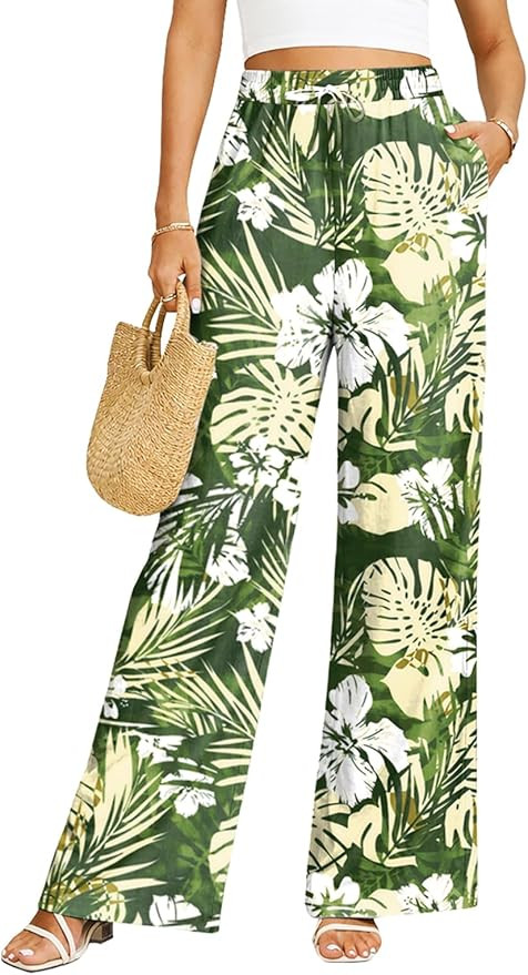 Women Wide Leg Pants Elastic Waist Floral Palazzo Pants Summer Vacation Lounge Pants | Amazon (US)