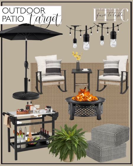 Target Outdoor Patio SALE. Follow @farmtotablecreations on Instagram for more inspiration. 
 
Outsunny 3 Piece Patio Bistro Set, Wicker Furniture Set. Outdoor Rug Micro Grid Black/Beige - Threshold. Best Choice Products 7.5ft Heavy-Duty Outdoor Market Patio Umbrella w/ Push Button Tilt, Easy Crank. 12ct Classic Café Outdoor String Lights Integrated LED Bulb. Wonda Square Woven PET Polyester Pouf Black/White. Yaheetech Outdoor Patio Market Umbrella Base Stand, Black. Costway Movable Outdoor Dining Cart Table with Stainless Steel Tabletop, Seasoning Tray. Nearly Natural 22” Boston Fern Artificial Plant in Sandstone Planter. Tangkula 3-in-1 Round Fire Pit Set 32 Inch Round Wood Burning Firepit Table Multifunctional Metal Firepit Stove. Outdoor Patio Decor. Patio Inspiration. Target Home Finds. 
