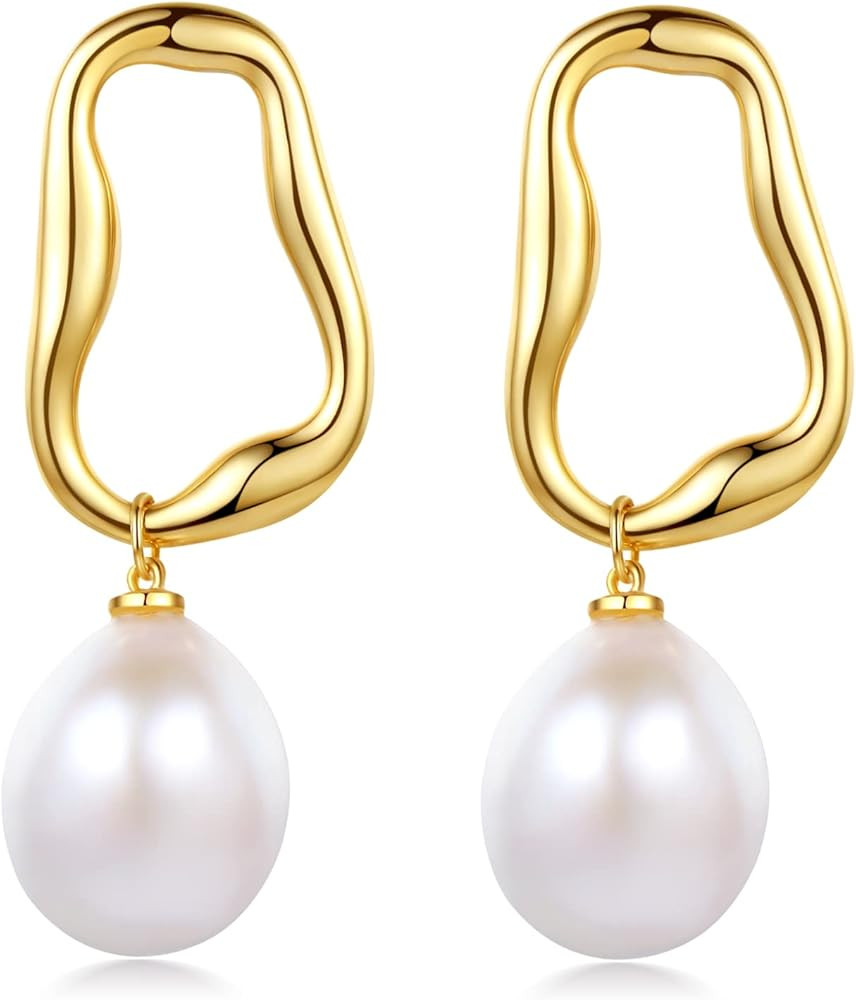 JOERPH Pearl Dangle Earrings Irregular Pearl Drop Earrings 925 Sterling Silver Square Gold Plated... | Amazon (US)