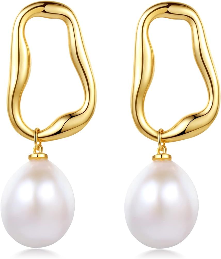 Pearl Dangle Earrings Irregular Pearl Drop Earrings 925 Sterling Silver Square Gold Plated Huggie... | Amazon (US)