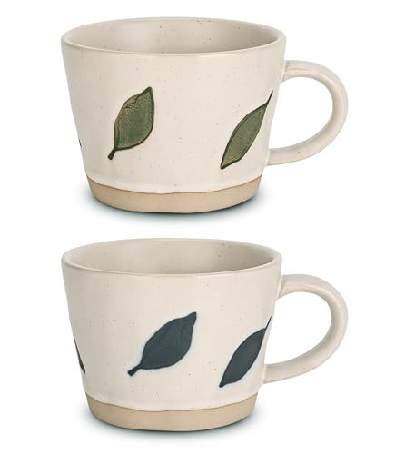 LINVIA Leaf Mug, 11 oz Ceramic Coffee Cup for Tea Latte Cappuccino, Cute Unique Stoneware Teacup with Handle (Set of 2, Blue and Green) | Amazon (US)