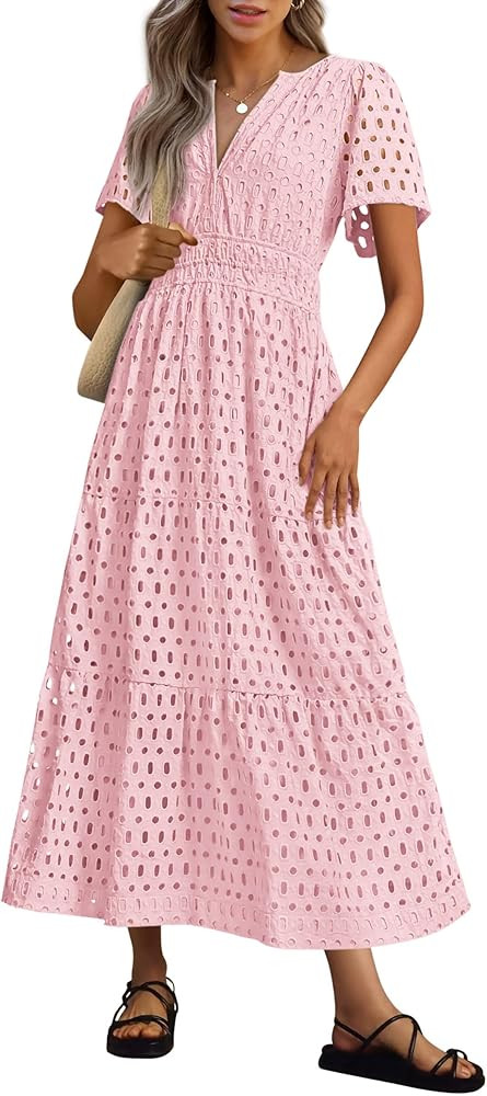 PRETTYGARDEN Womens 2025 Summer Maxi Dress Short Sleeve V Neck Hollow Out Eyelet A Line Long Flow... | Amazon (US)