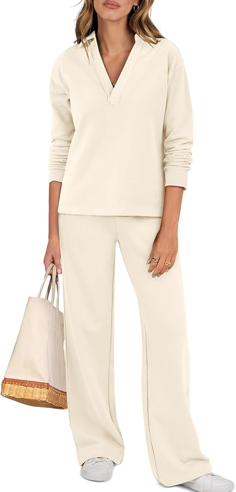 ANRABESS Lounge Sets for Women 2 Piece Outfits Sweatsuit Set Fall V Neck Sweatshirts Wide Leg Pan... | Amazon (US)